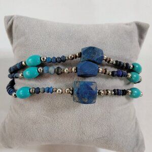 Lapis  Turquoise Bracelet Handmade Multistring Silver Accents